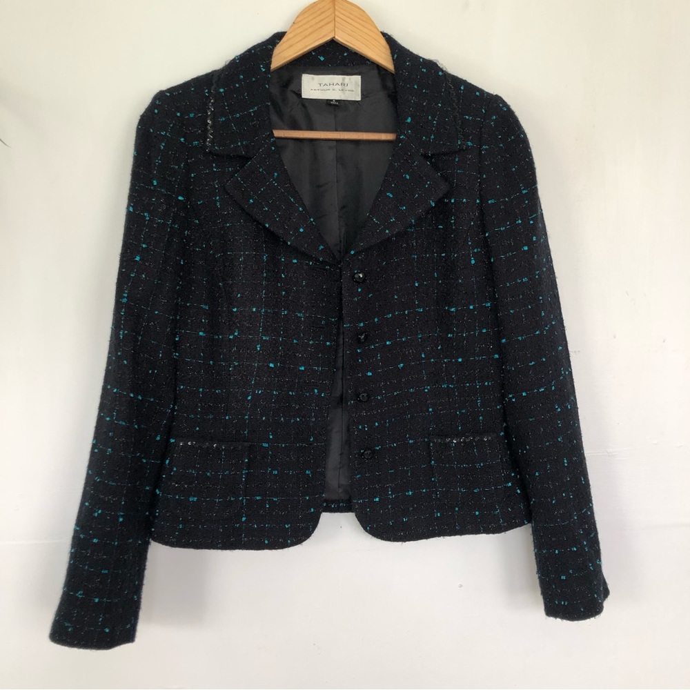 TAHARI Women's Acrylic Black Blue Skirt Blazer Set Size 4